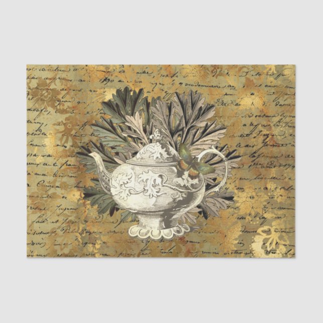 Vintage Teapot & Golden Ephemera Collage   Tissue Paper (Front)