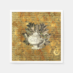 Vintage Teapot & Golden Ephemera Paper Napkins