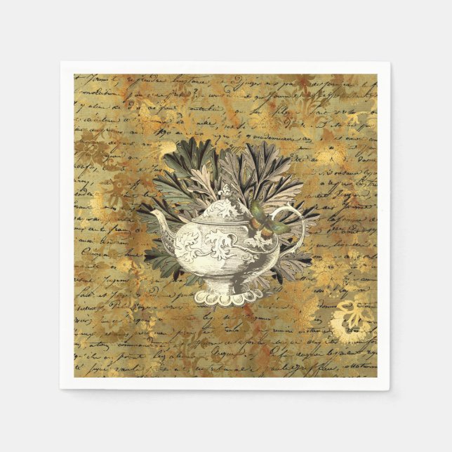 Vintage Teapot & Golden Ephemera  Paper   Napkins (Front)