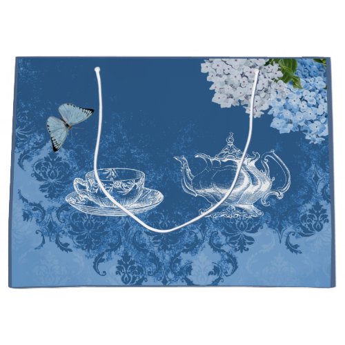 Vintage Teapot Hydrangea Blue Damask Gift Bag