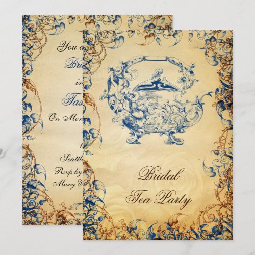 Vintage Teapot navy blue Rustic Bridal Tea Invites
