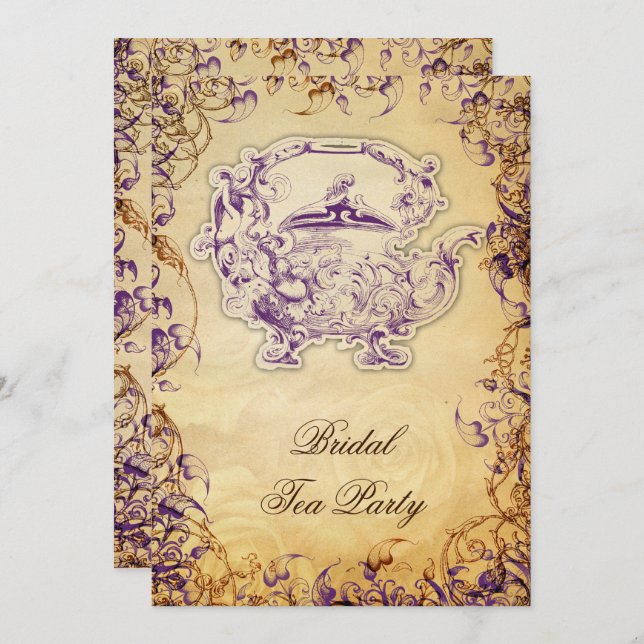Vintage Teapot purple Rustic Bridal Tea Invites (Front/Back)