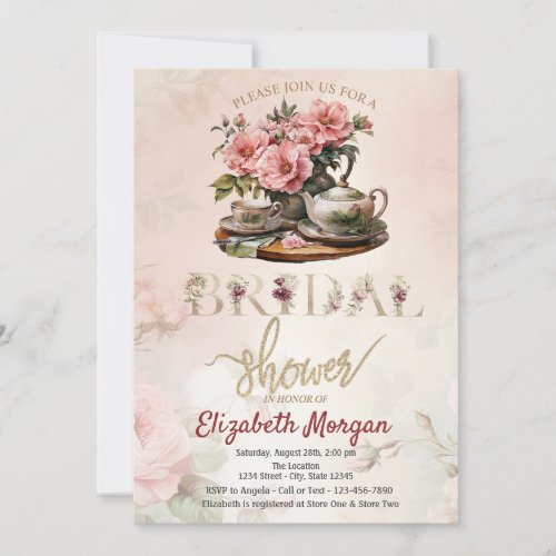 Vintage Teapot Tea cup Floral Bridal Shower Invitation
