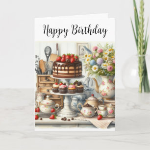 Vintage Teapot Teacup and Chocolate Cake Birthday Card