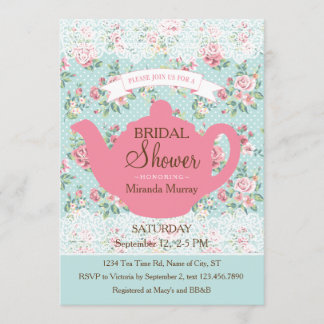 Vintage Teapot with Roses and Lace Border Invitation