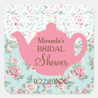 Vintage Teapot with Roses and Lace Border Square Sticker