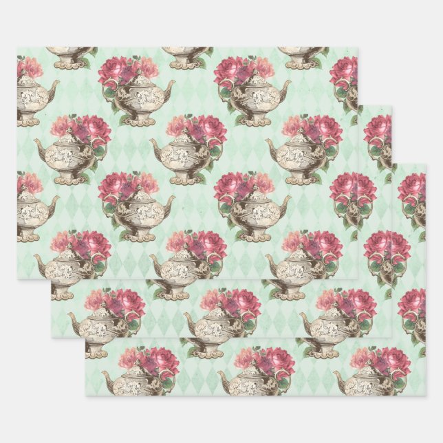 Vintage Teapots and Roses Wrapping Paper Sheets (Set)