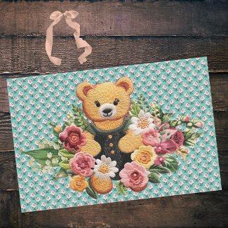Vintage Teddy Bear and Pink Floral Roses on Aqua