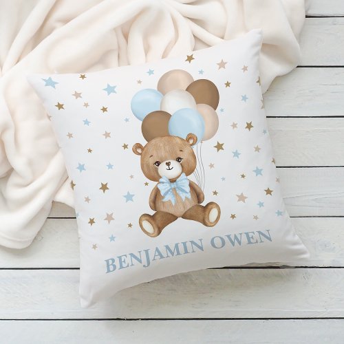 Vintage Teddy Bear Balloons Baby Boy Nursery Throw Pillow