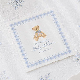 Vintage Teddy Bear Blue Gingham Baby Shower Napkins