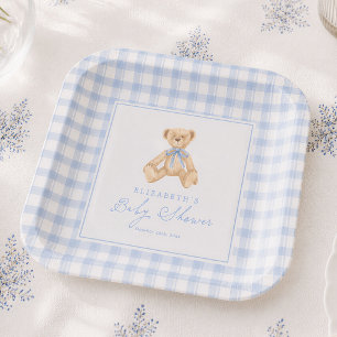 Vintage Teddy Bear Blue Gingham Baby Shower Paper Plates