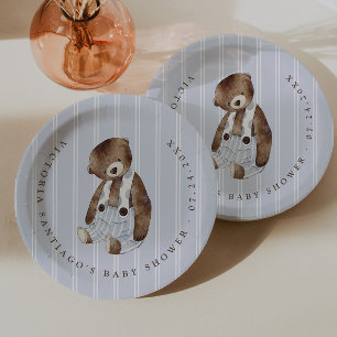 Vintage Teddy Bear Blue Pinstripe Paper Plates