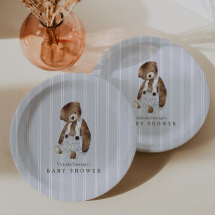 Vintage Teddy Bear Blue Pinstripe Paper Plates
