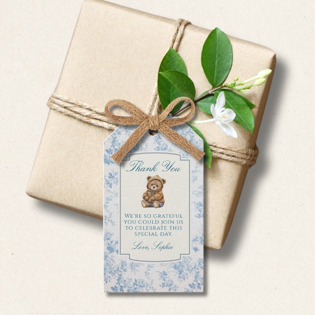 Vintage Teddy Bear Blue Stripes Toile Floral Gift Tags (Creator Uploaded)