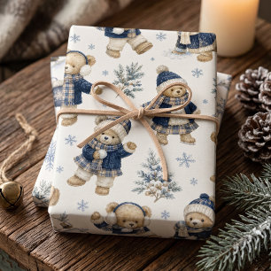 Vintage Teddy Bear Blue Tartan Evergreen Wrapping Paper Sheets