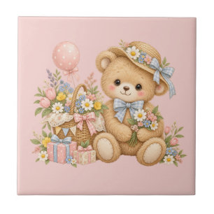Vintage Teddy Bear Celebration with Wildflowers Ceramic Tile