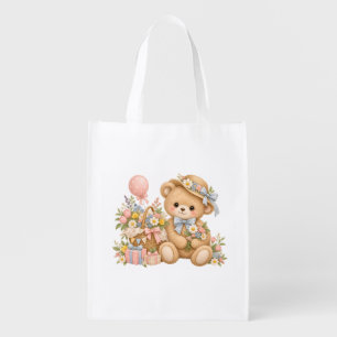 Vintage Teddy Bear Celebration with Wildflowers Grocery Bag