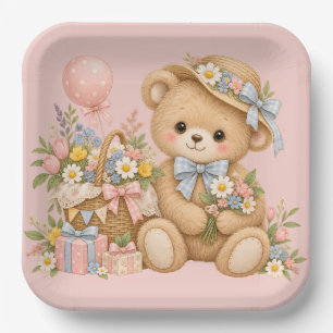 Vintage Teddy Bear Celebration with Wildflowers  Paper Plates