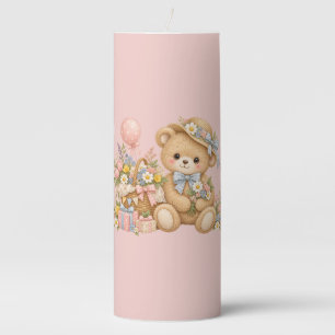 Vintage Teddy Bear Celebration with Wildflowers Pillar Candle