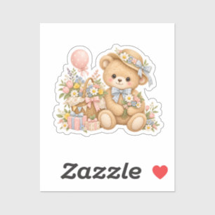 Vintage Teddy Bear Celebration with Wildflowers Sticker