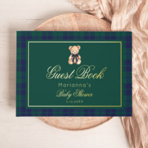 Vintage Teddy bear Classic Plaid Baby Shower Foil Guest Book