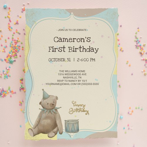 Vintage Teddy Bear First Birthday Invitation