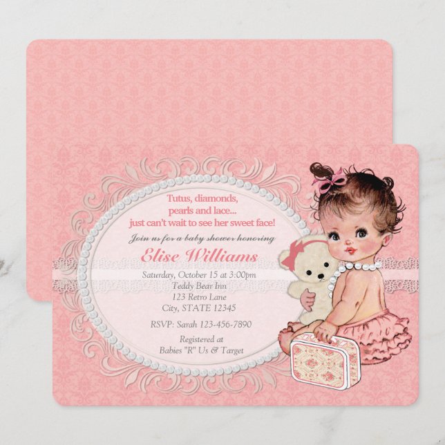 Vintage Teddy Bear Girls Baby Shower Invitations 2 (Front/Back)