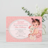 Vintage Teddy Bear Girls Baby Shower Invitations 2 (Standing Front)