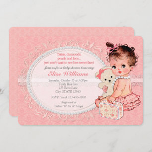 Vintage Teddy Bear Girls Baby Shower Invitations 2