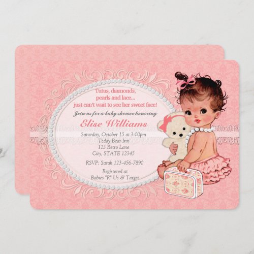 Vintage Teddy Bear Girls Baby Shower Invitations 3