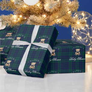Vintage Teddy Bear Green Navy Tartan Baby Shower Wrapping Paper