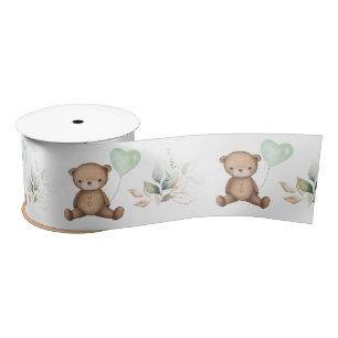 Vintage Teddy Bear Greenery Gold Baby Birthday Satin Ribbon