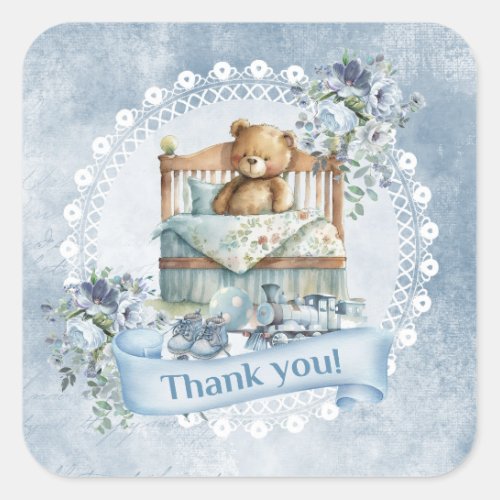 Vintage teddy bear in crib blue and brown flowers square sticker
