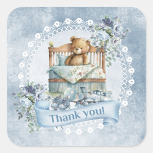 Vintage teddy bear in crib blue and brown flowers square sticker