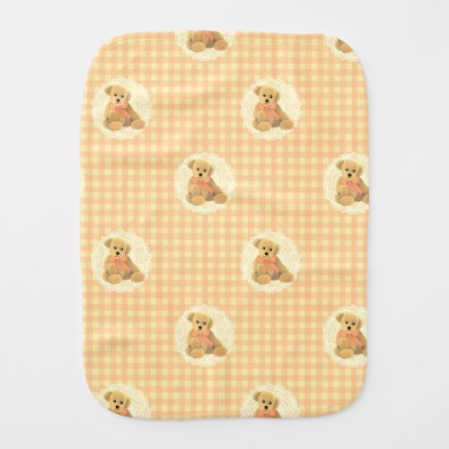 Vintage Teddy Bear on Doily Peach Check Background Baby Burp Cloth