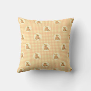 Vintage Teddy Bear on Doily Peach Check Background Throw Pillow