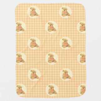 Vintage Teddy Bear on Doily Peachy Yellow Check Baby Blanket