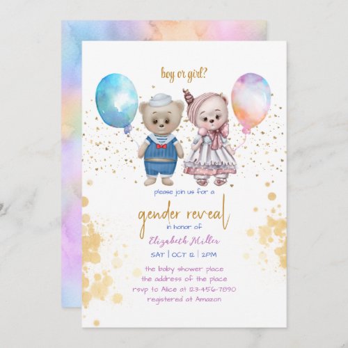 Vintage Teddy Bear Pink Blue Baby Gender Reveal Invitation
