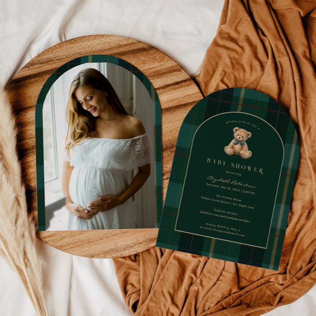 Vintage Teddy Bear Plaid Polo Baby Shower Invitation (Creator Uploaded)