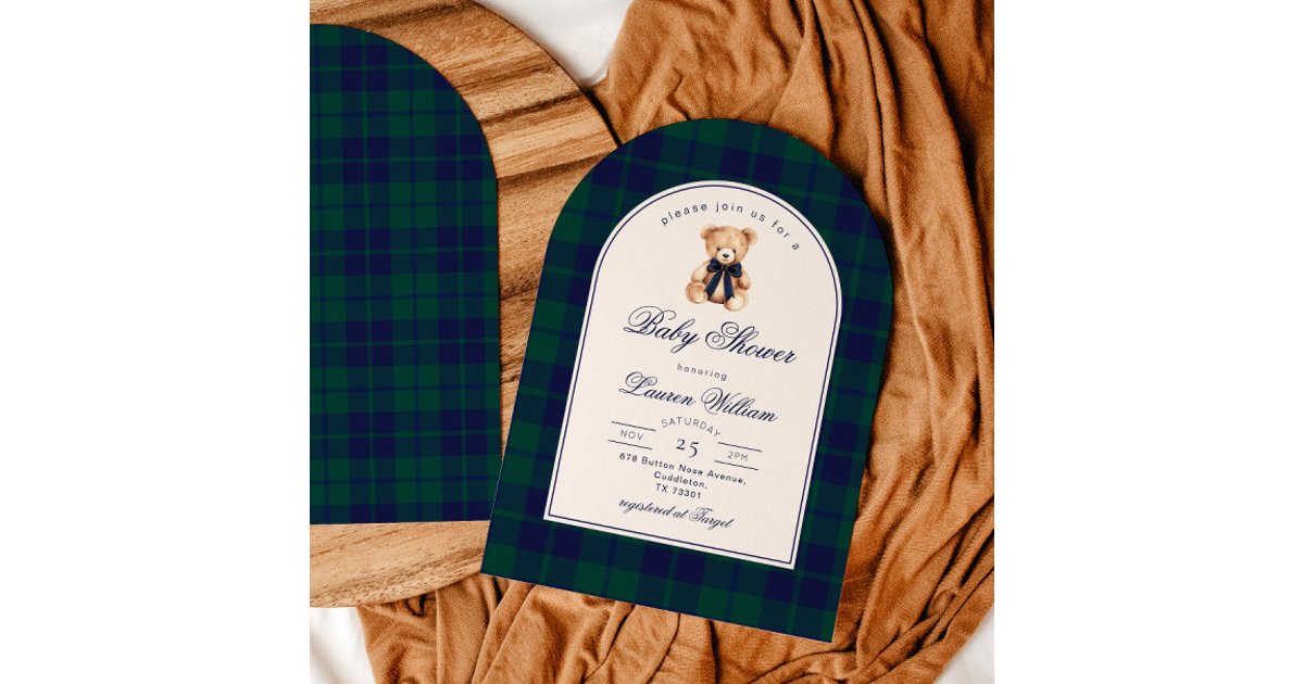 Vintage Teddy bear Preppy Navy Plaid Baby Shower Invitation | Zazzle