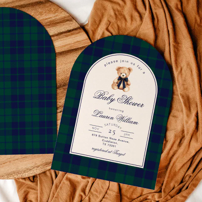 Vintage Teddy bear Preppy Navy Plaid Baby Shower Invitation | Zazzle