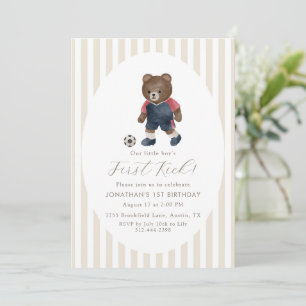 Vintage Teddy Bear Soccer First Kick 1st Birthday  Invitation