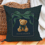 Vintage Teddy Bear Tartan Plaid Baby Boy Nursery Throw Pillow<br><div class="desc">Drawing inspiration from polo club elegance and classic equestrian tradition, this teddy bear themed pillow sets the stage for a sophisticated baby boy nursery with enduring appeal. A rich palette of deep navy and forest green, accented by a graceful statement bow, creates a look that feels both heritage-inspired and effortlessly...</div>