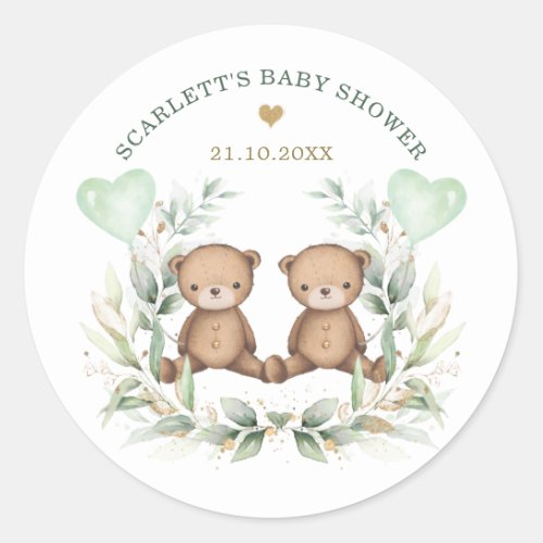 Vintage Teddy Bear Twins Greenery Balloons Baby Classic Round Sticker
