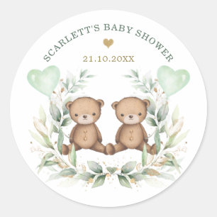 Vintage Teddy Bear Twins Greenery Balloons Baby Classic Round Sticker