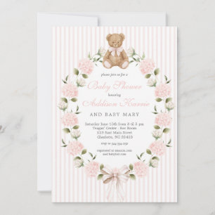 Vintage Teddy Bear witt pink bow Girl Baby Shower Invitation