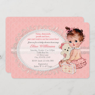 Vintage TeddyBear Girls Baby Shower Invitations