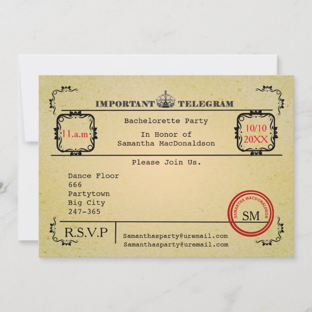 Vintage telegram bachelorette party invitation (Front)