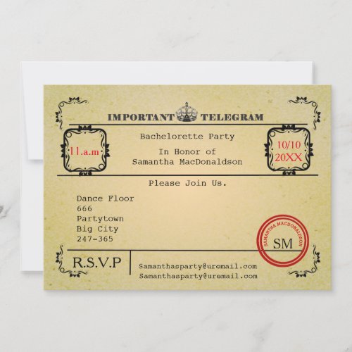 Vintage telegram bachelorette party invitation