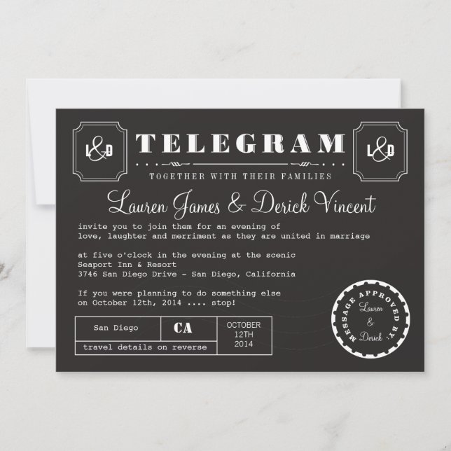Vintage Telegram Invitation Card in Black (Front)